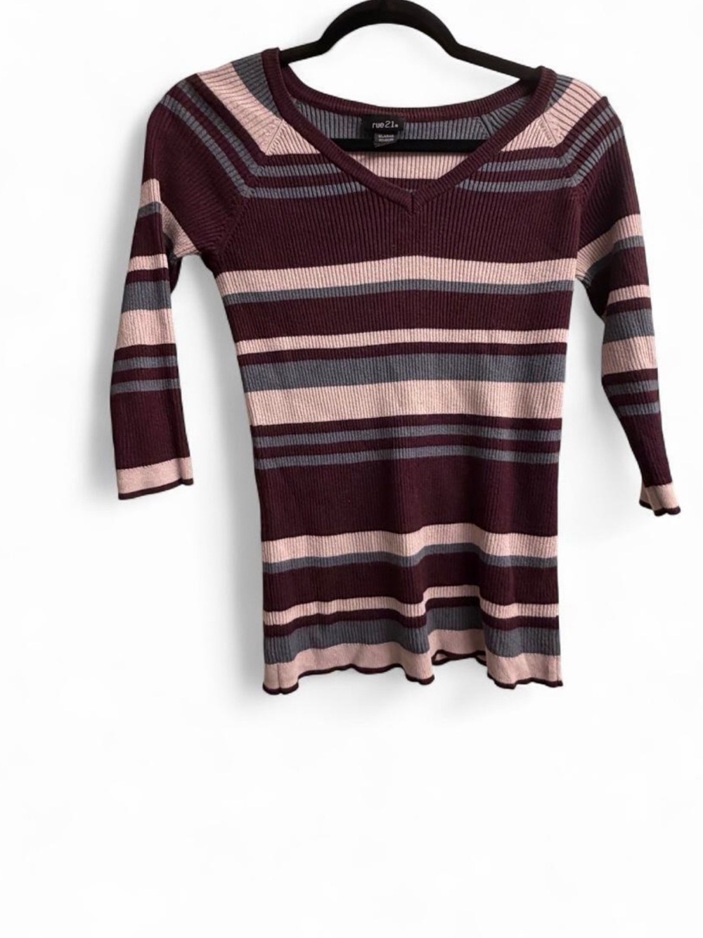 Rue21 Women's Striped V-Neck Sweater - Burgundy, Light Pink & Gray